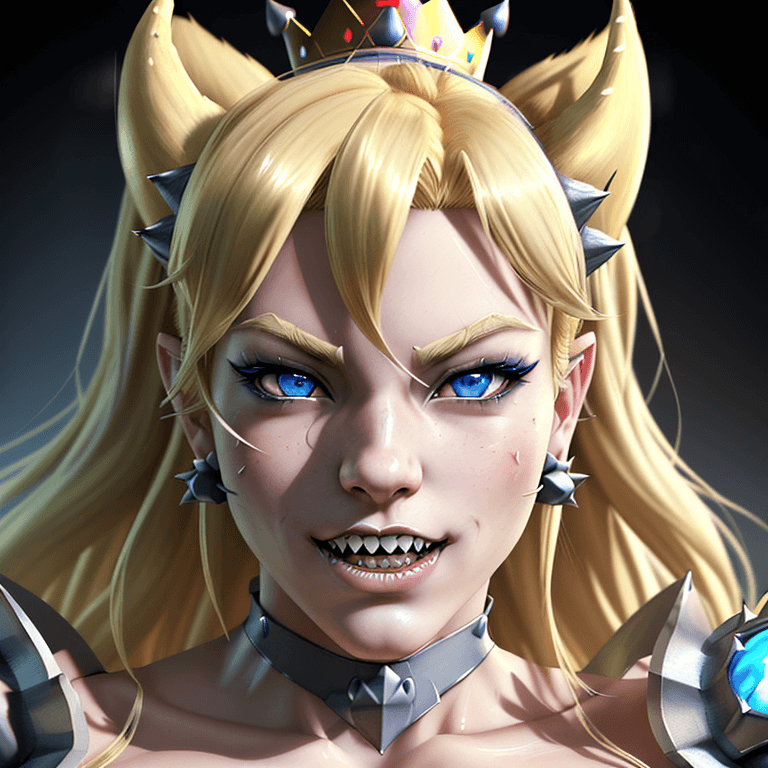 AI generated: Bowsette in the style of Akihiko Yoshida , sharp teeth, beautiful, smooth skin, blue eyes, blonde ha...
