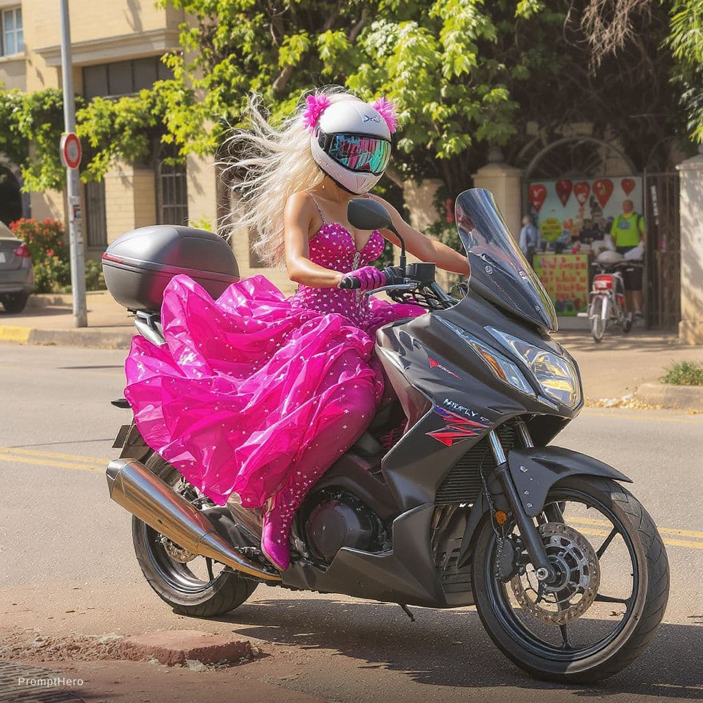 AI generated: A white person with a pink dancing dress and motorbike