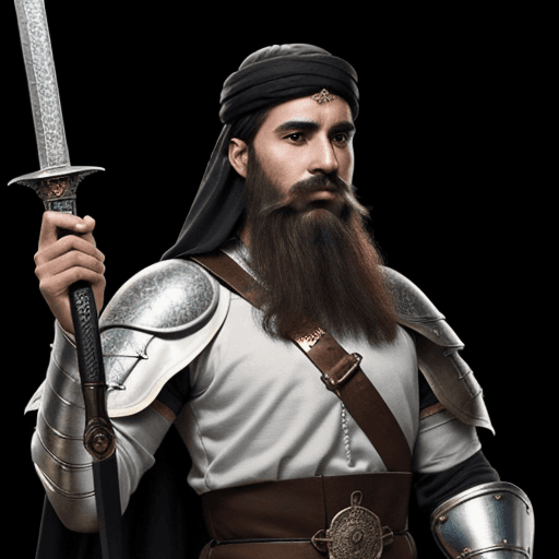 AI generated: male medieval muslim commander holding a sword in the gazing light of darkness having a long light b...