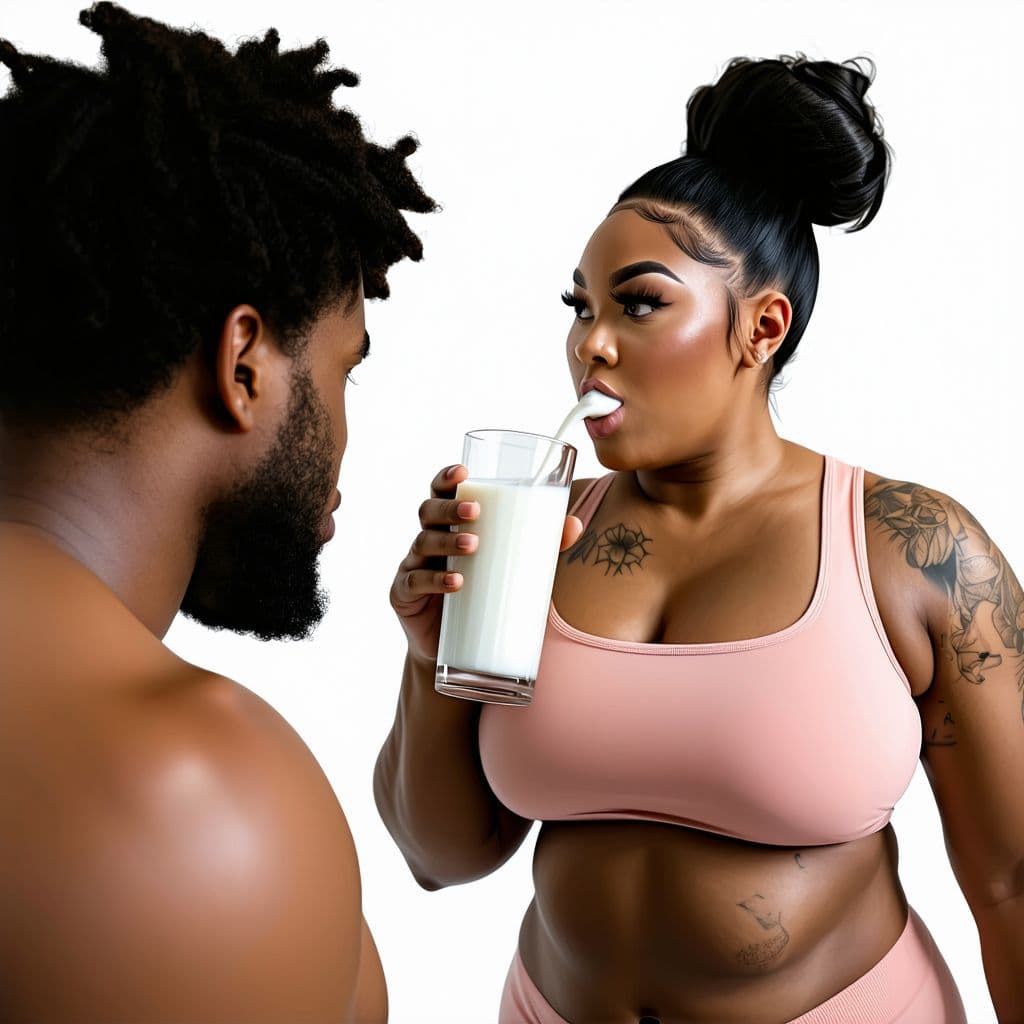 AI generated: woman plus size with a voluminous body, big bobs, big ass and wearing very short gym clothes, drinki...
