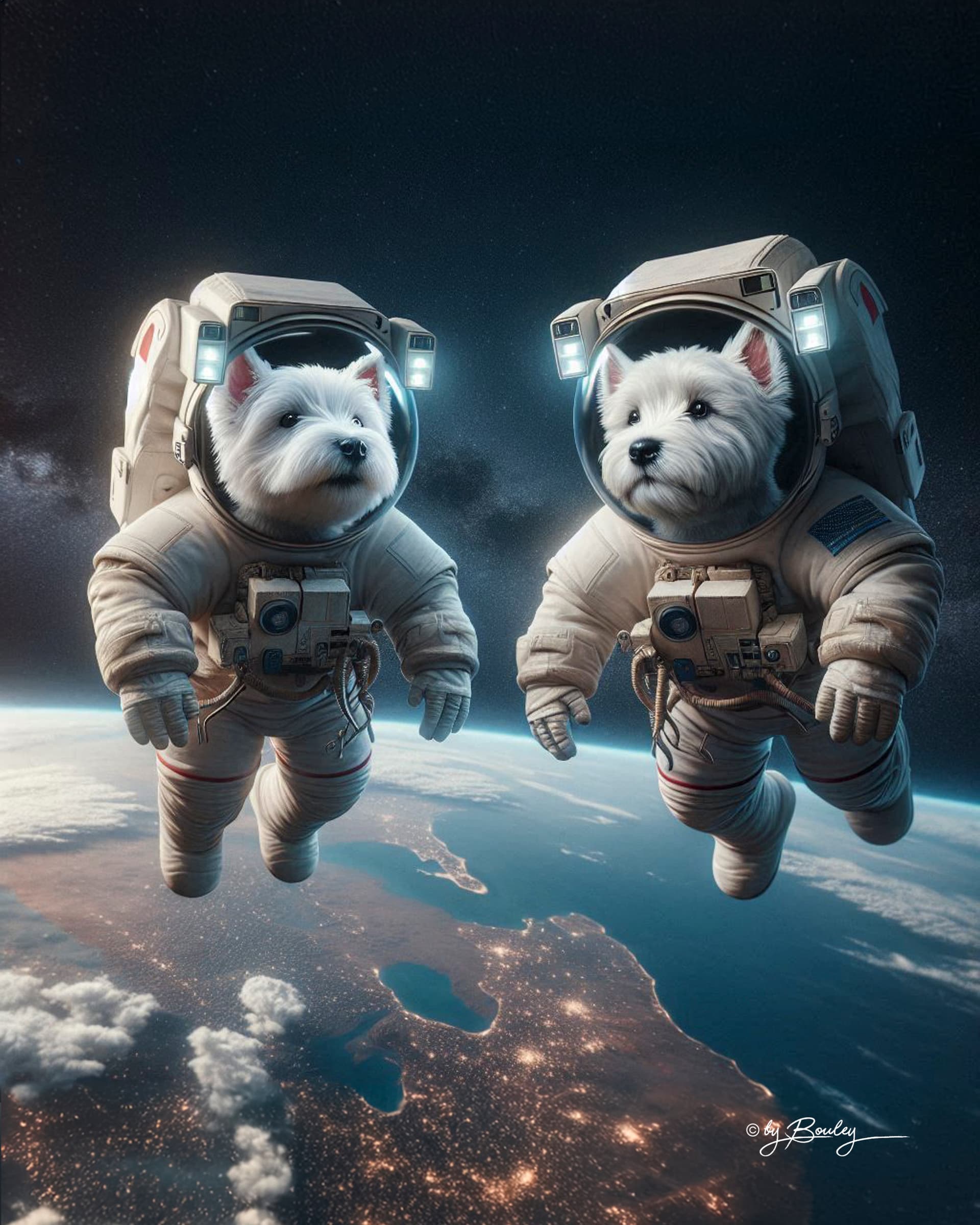 AI generated: full body view, Two anthropomorphic West Highland White Terrier puppy astronauts, look at each other...