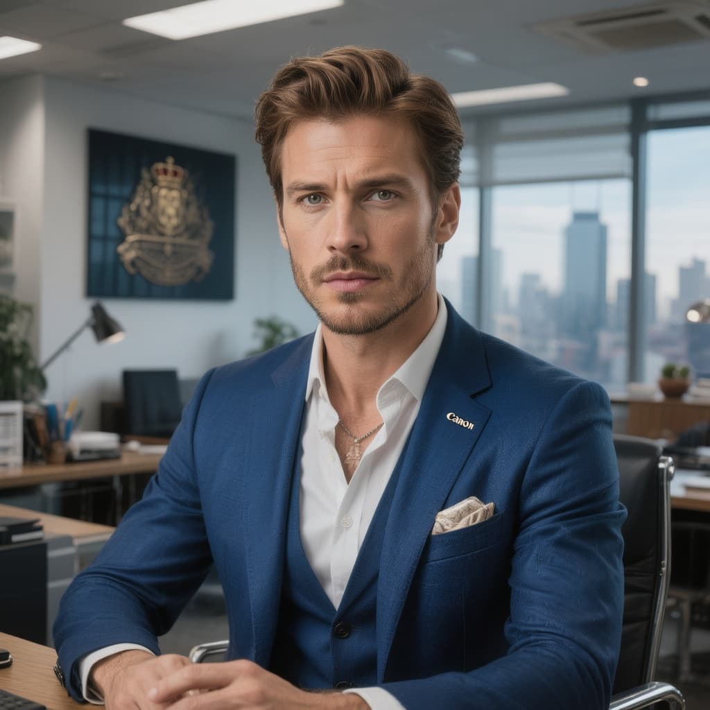 AI generated: fashion editorial photograph, man with a blue luxury suit,in a luxury office shot on a Canon EOS 5D ...