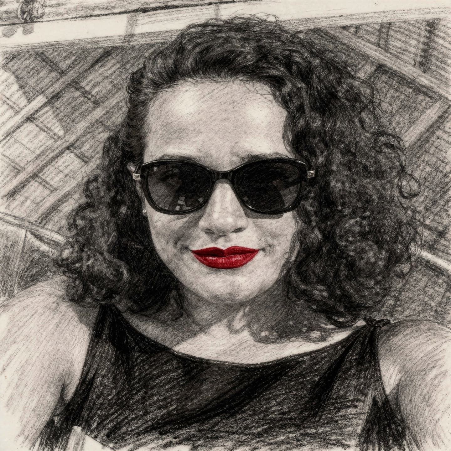 AI generated: Um esboço clássico a carvão de uma mulher vestido elegante,óculos escuros,batom vermelho refletem to...