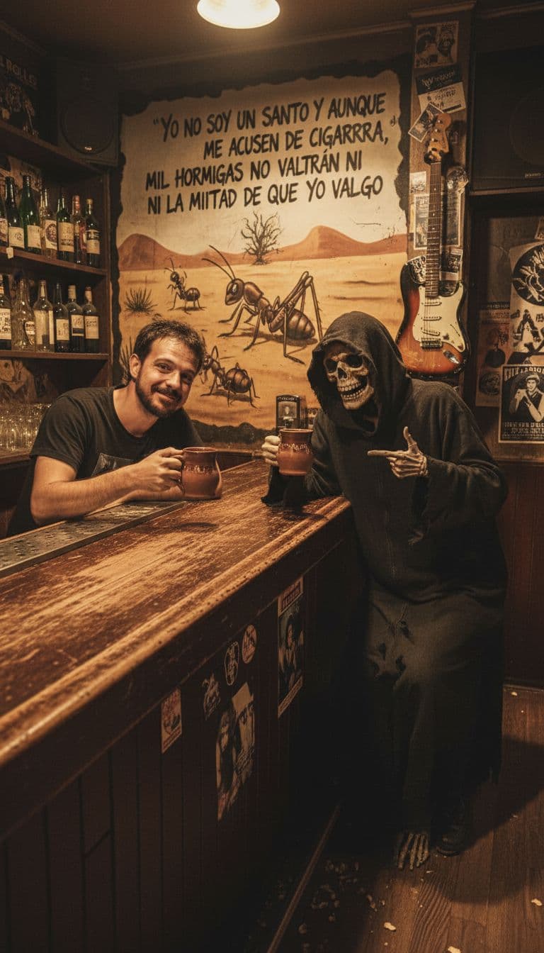 AI generated: Quiero que me des al tipo de las imágenes en un bar de Rock and roll bebiendo con la muerte. Quiero ...