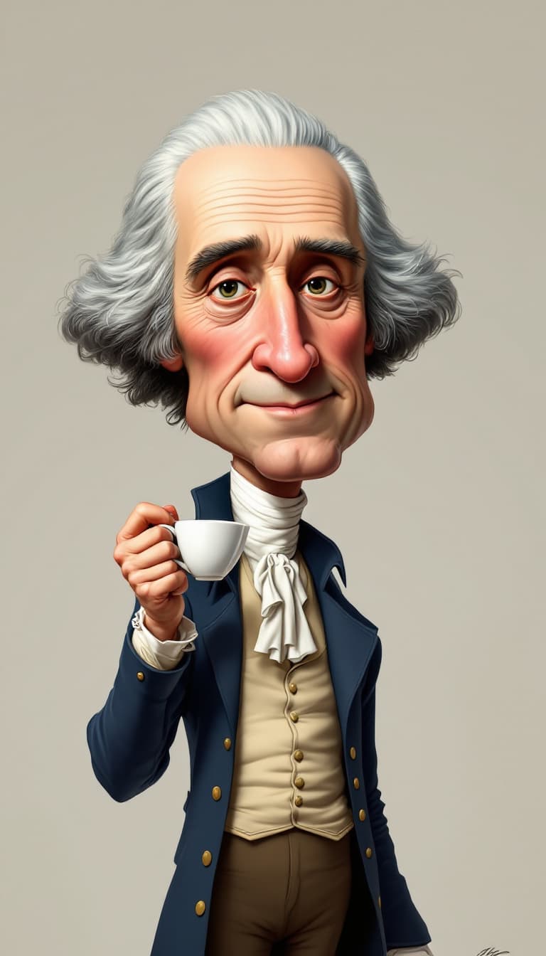 AI generated: Caricature of George Washington, holding a cup of café in his hand in the style of Tiago Hoisel, hyp...