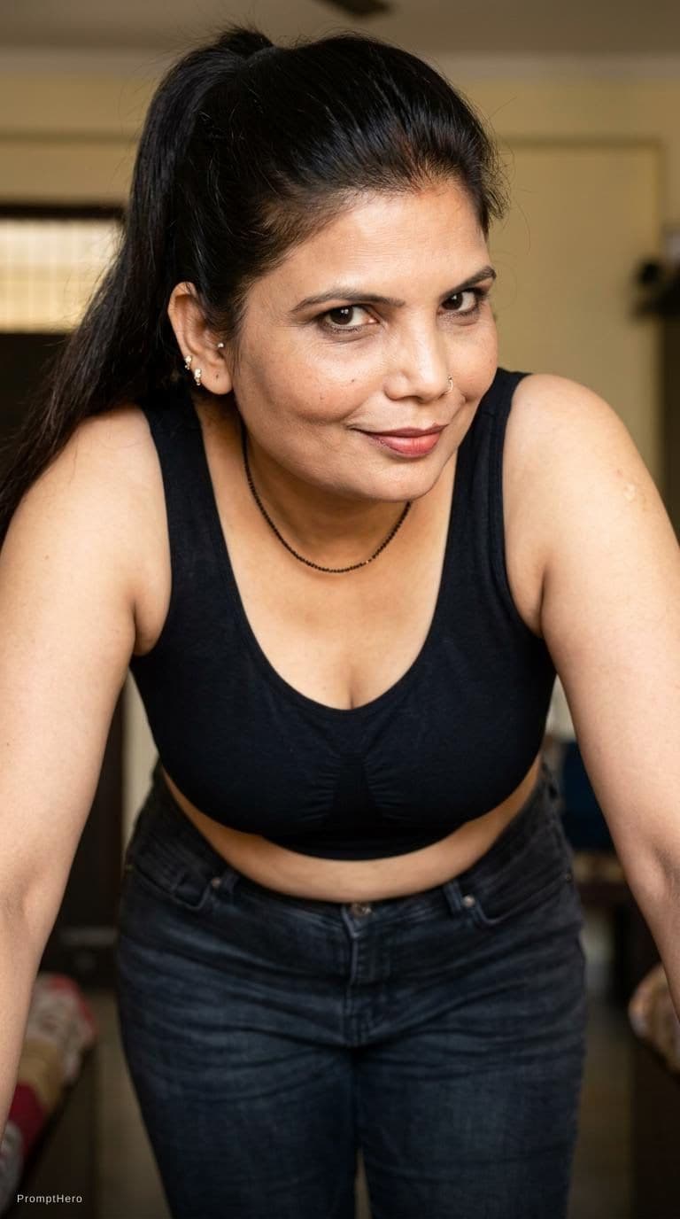 AI generated: Make her wear a compression cropped black top and fit jeans, ponytail hairstyle, , face full visible...