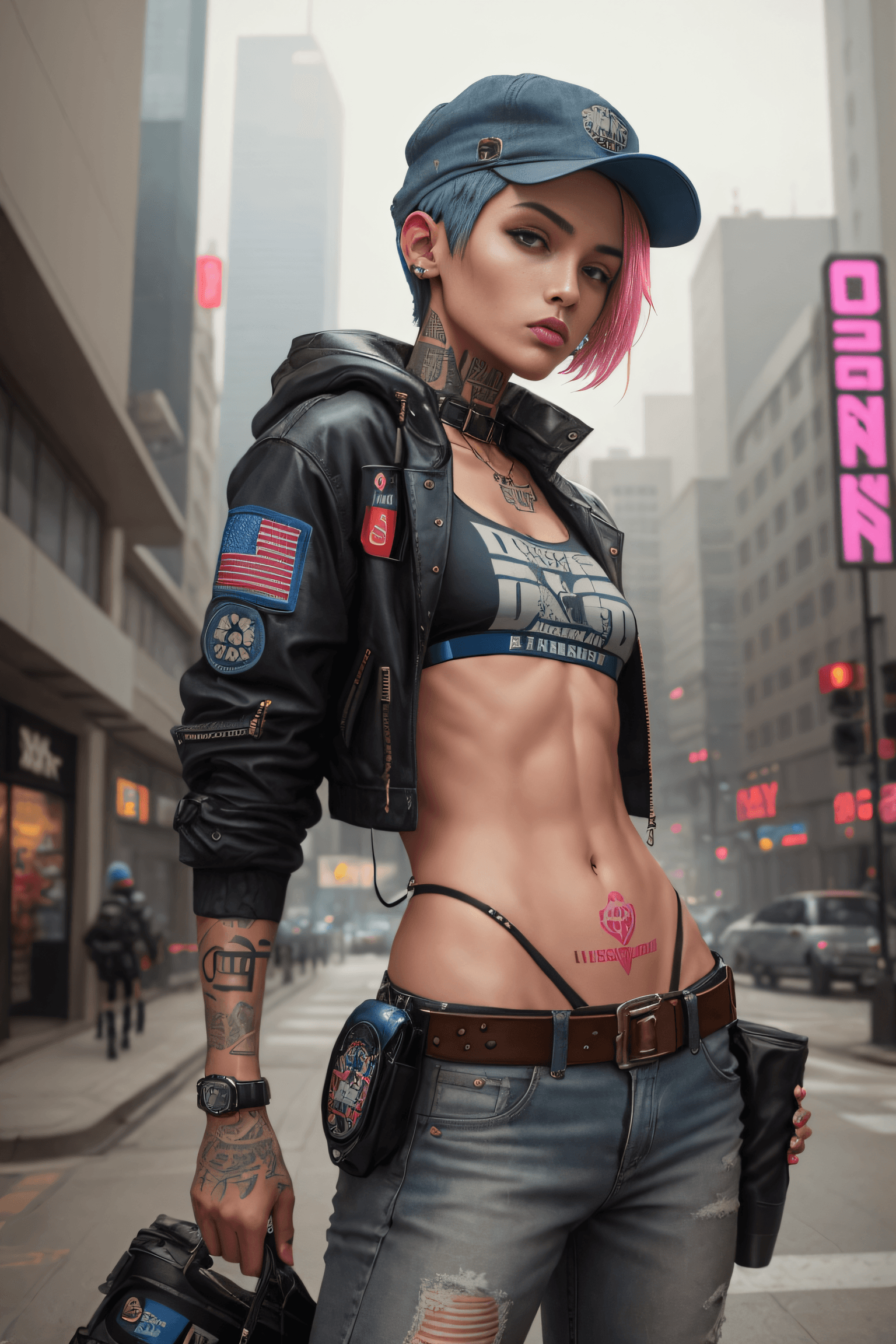 AI generated: photograph, Young, very thin, fighter, tattooed, very beautiful, with deep-blue short hair, with bla...