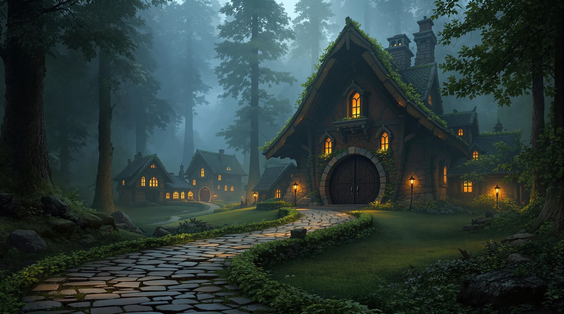 AI generated: This image depicts a fantasy village in the woods, with a winding stone path leading to a large hous...