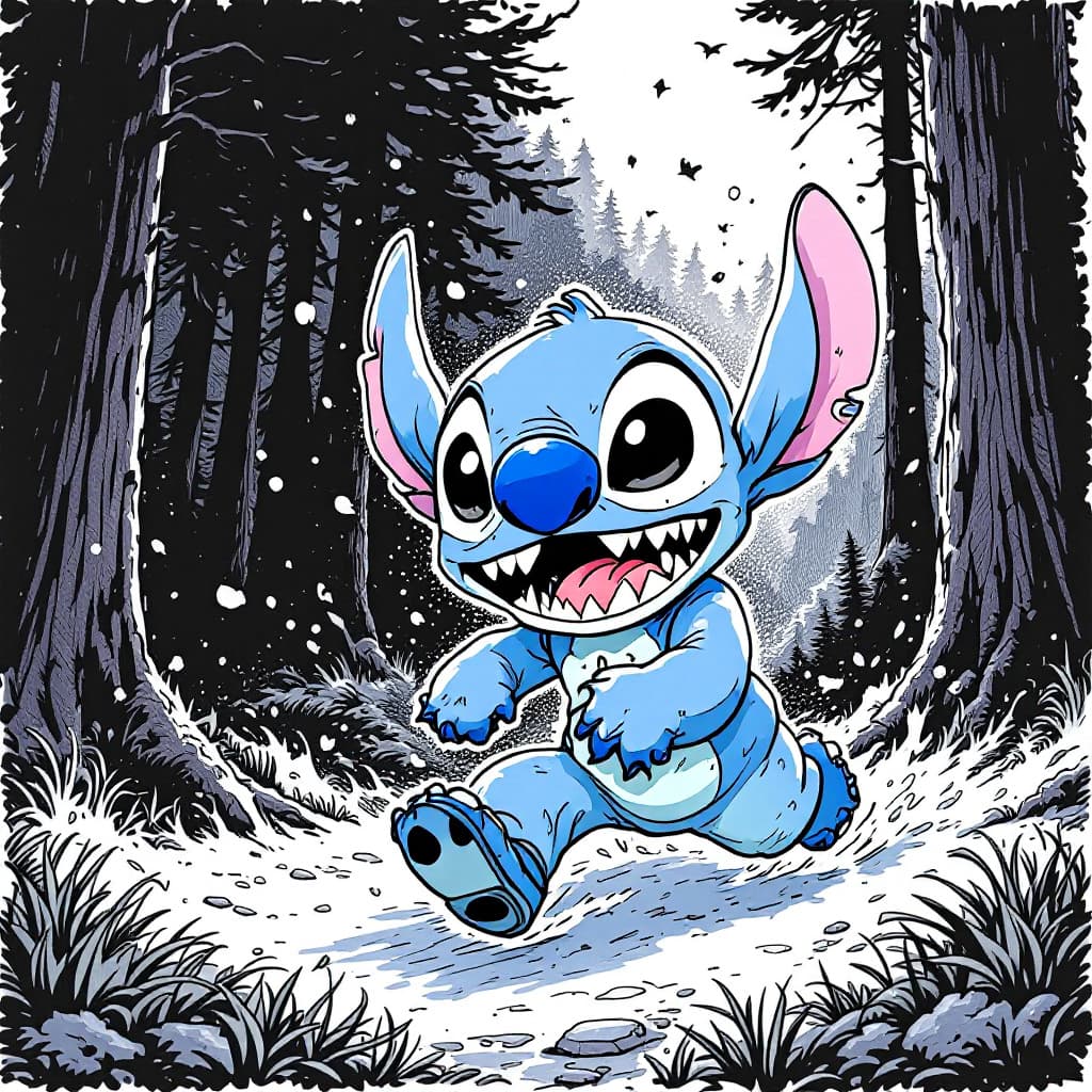 AI generated: Stitch,The action is hilarious,Pen and ink drawings,run