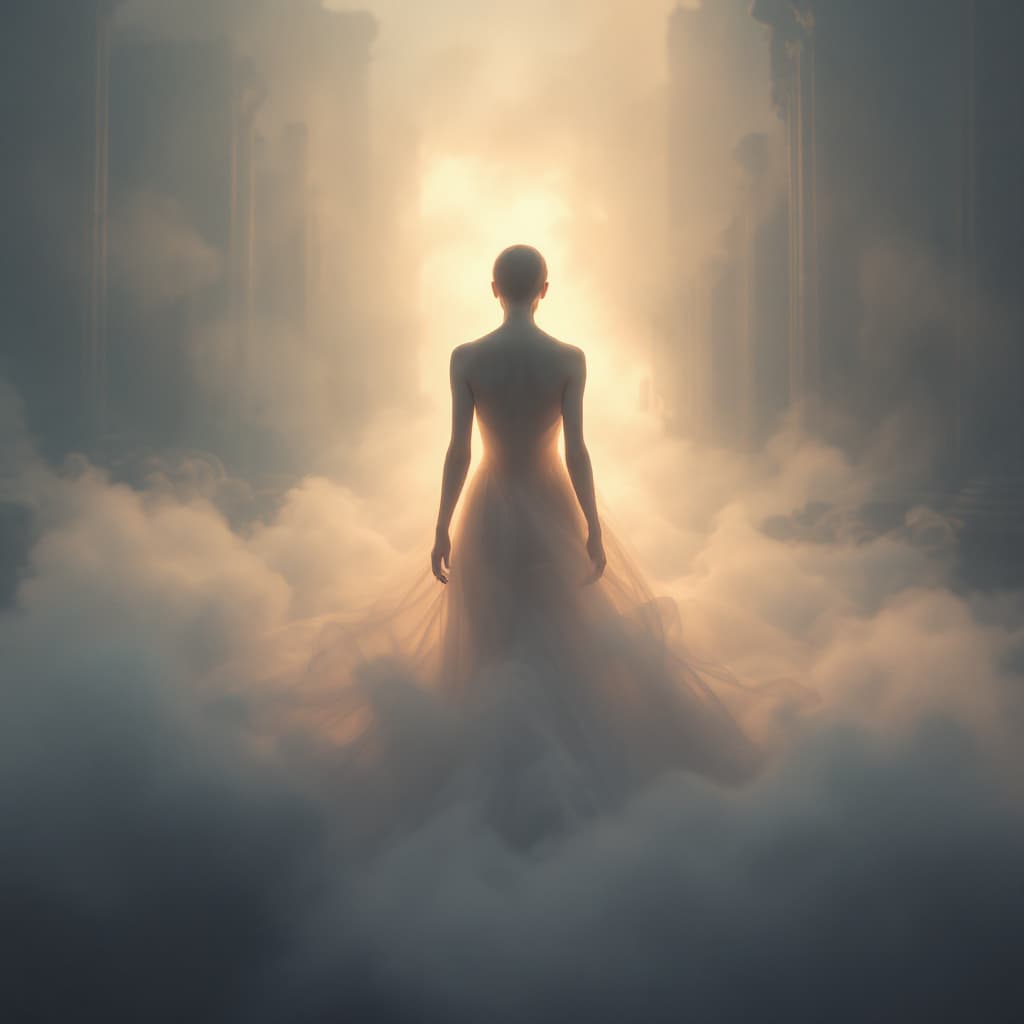 AI generated: A fine art, hyper-realistic, cinematic image of a a person with their back to me standing gracefully...