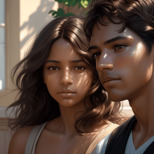 AI generated: portrait of a woman of color, with a man, with medium brown hair, clean skin, hazel eyes, intricate ...