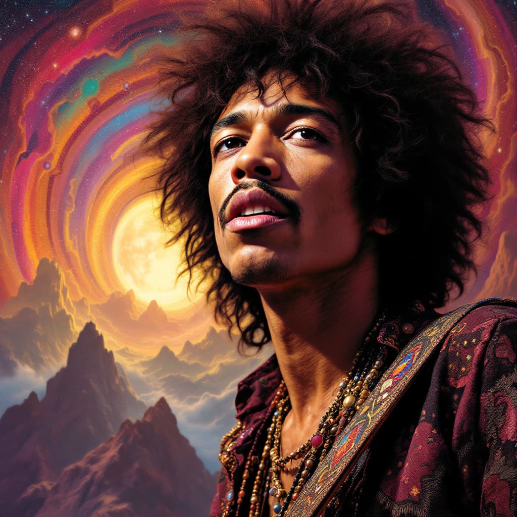 AI generated: A rock star with a god-scape psychedelic background in the style of Jimi Hendrix.