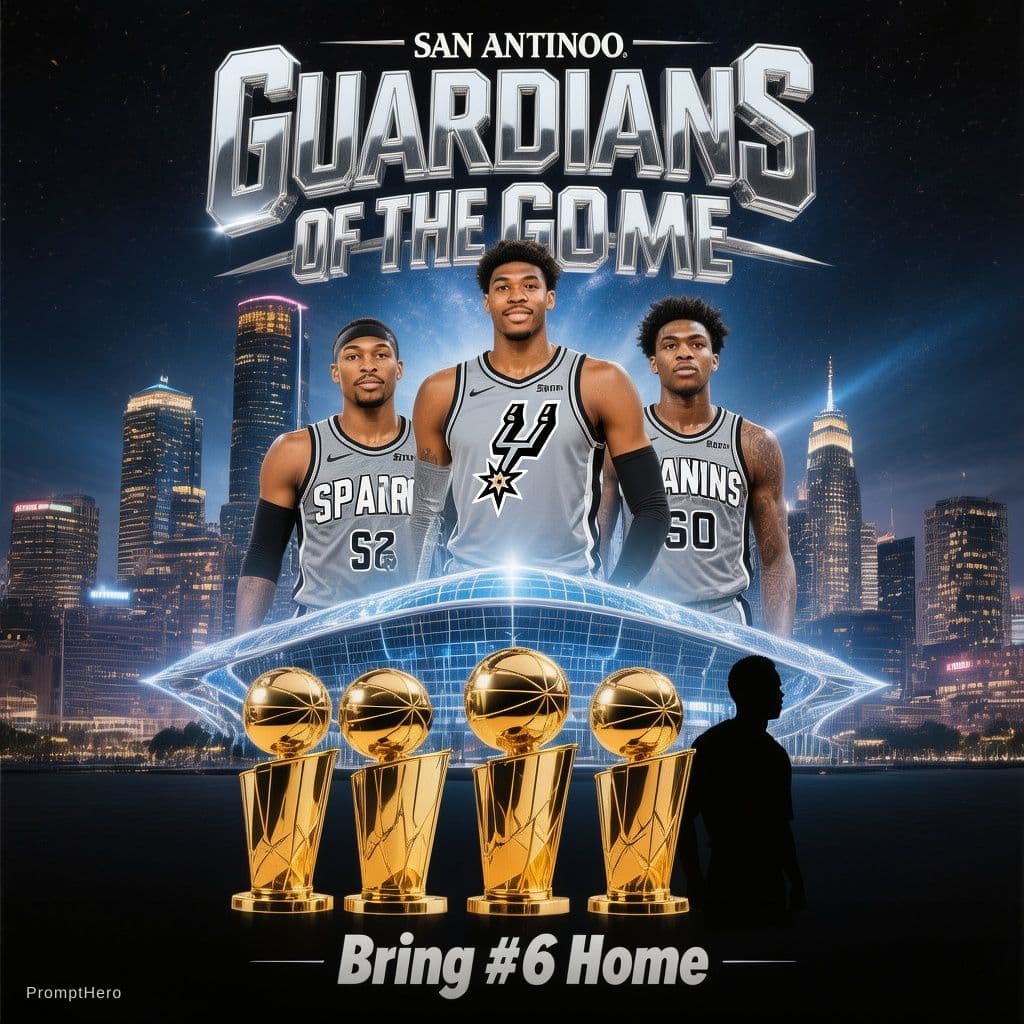 AI generated: create for me a graphic of the San Antonio Spurss players: De'Aaron Fox SG: Stephon Castle; SF: Devi...