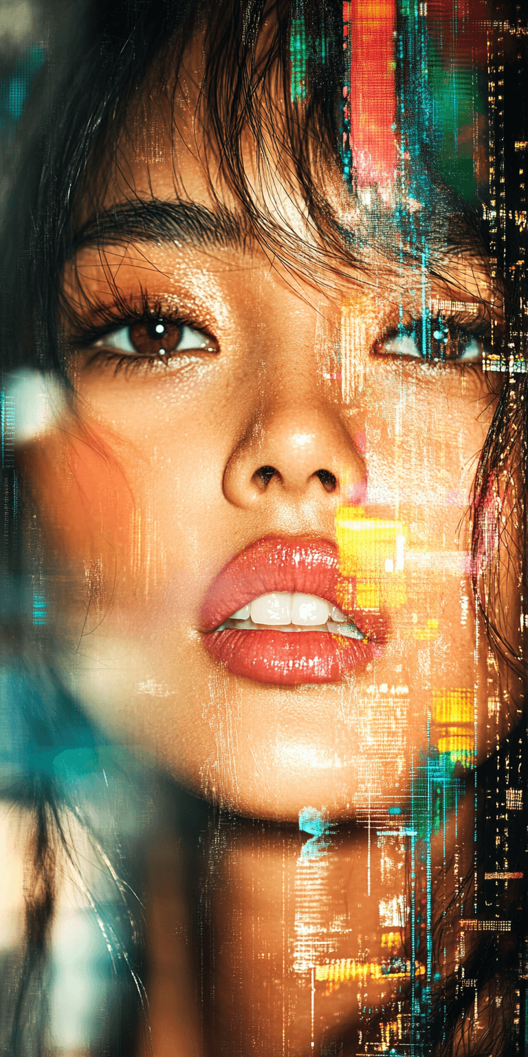 AI generated: A young Asian woman's face is covered with glitch effects, blurred in motion, surrounded by black ab...