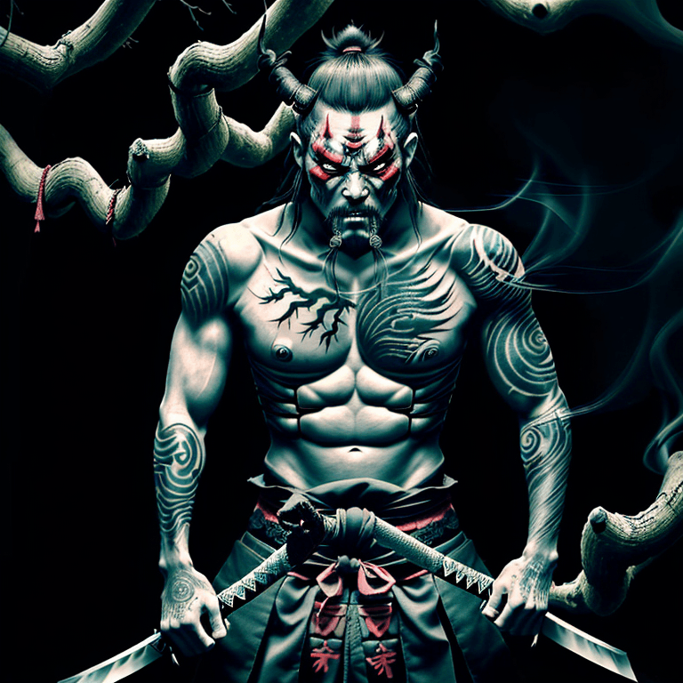 AI generated: A samurai with his demonic mask and his katana loves him, covered in ancient tattoos, coming out of ...