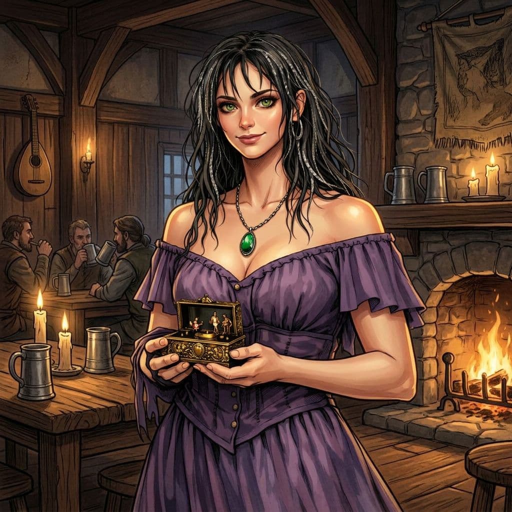 AI generated: beautiful young woman with a music box, radiant skin, medieval tavern background
