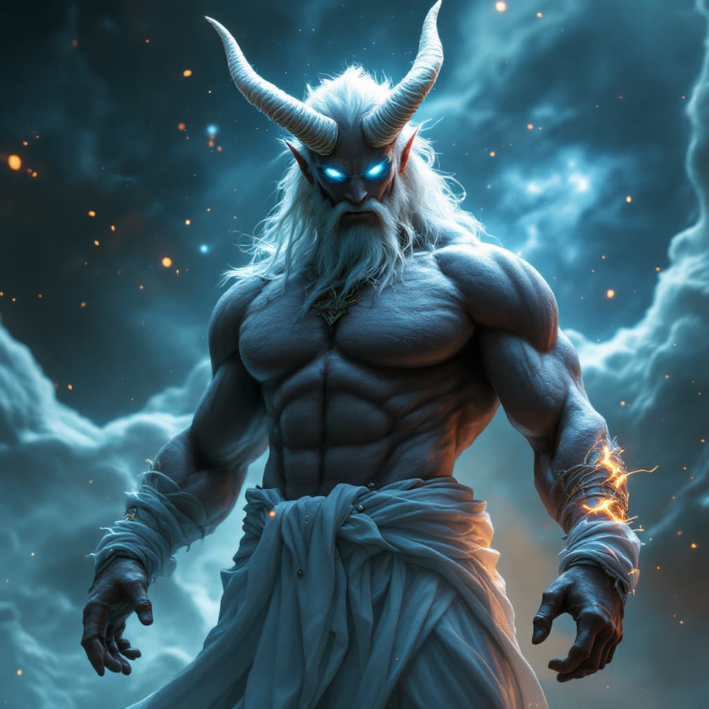 AI generated: God of Healing and sickness, full-body, Etherial, muscular, ((No mouth or hair)), Glowing blue and g...