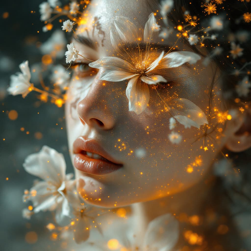 AI generated: woman made of glowing dust motes + flowers, mysticism, + coherent, haze, fog, finest drawing, macro,...