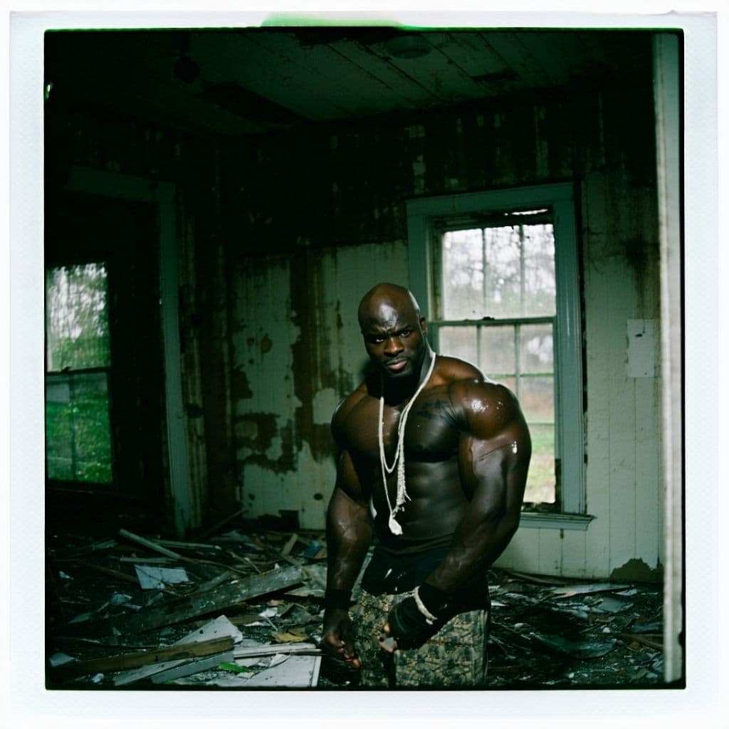 AI generated: grainy 80's photograph quality polaroid of ronnie coleman suicide caught in an abandoned house, dark