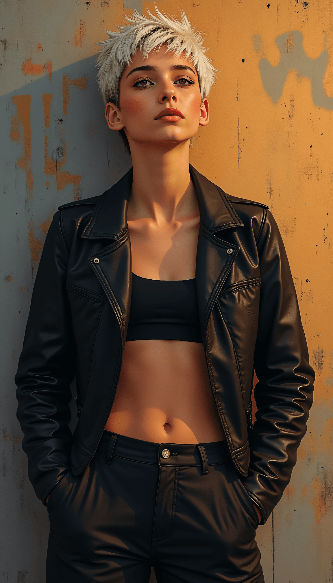AI generated: art painting 24-year-old girl with short spiky platinum hair, cropped leather jacket, black sports b...