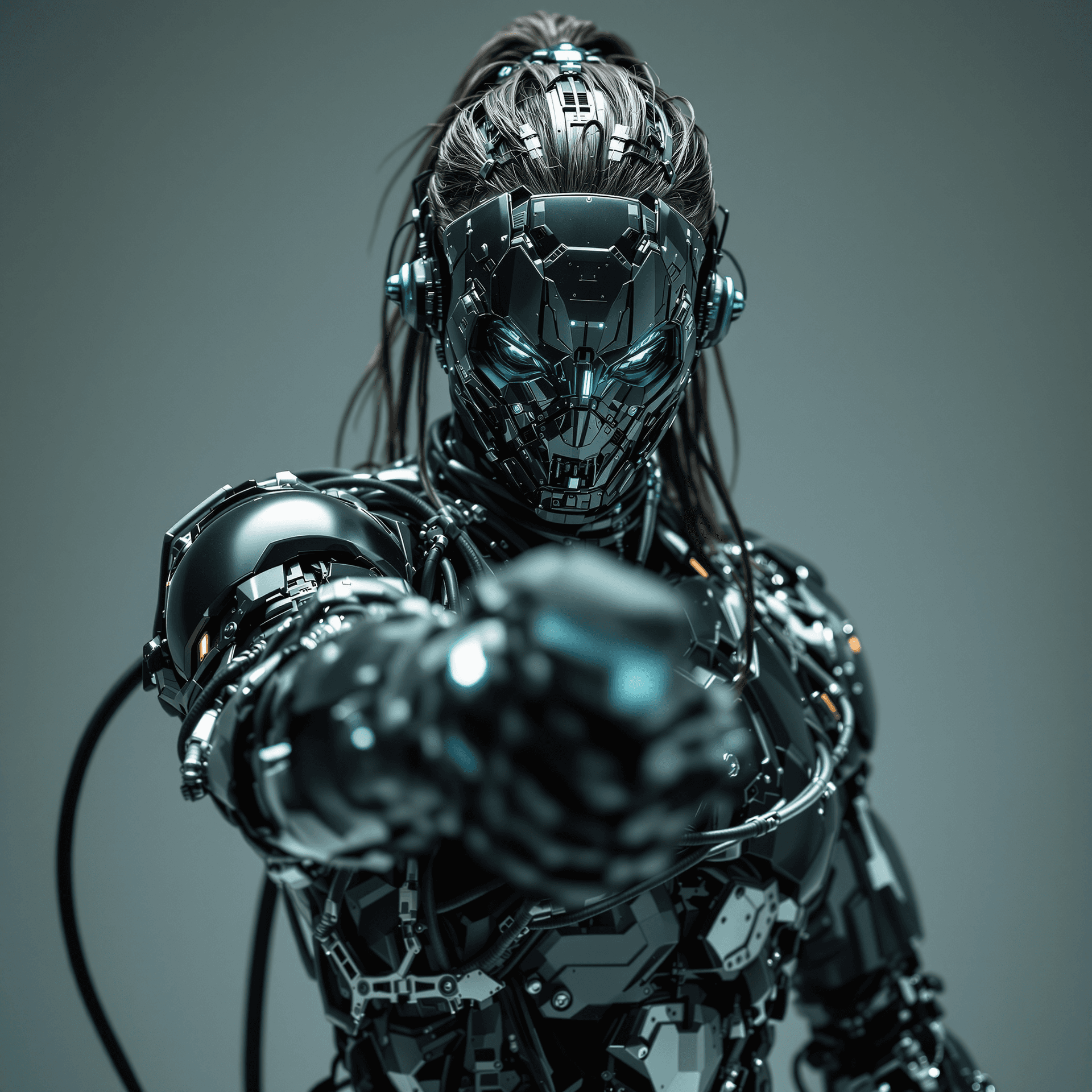 AI generated: full body picture Cyberpunk humanoid robot young male, ponytail hairs, wearing android mask, , wires...