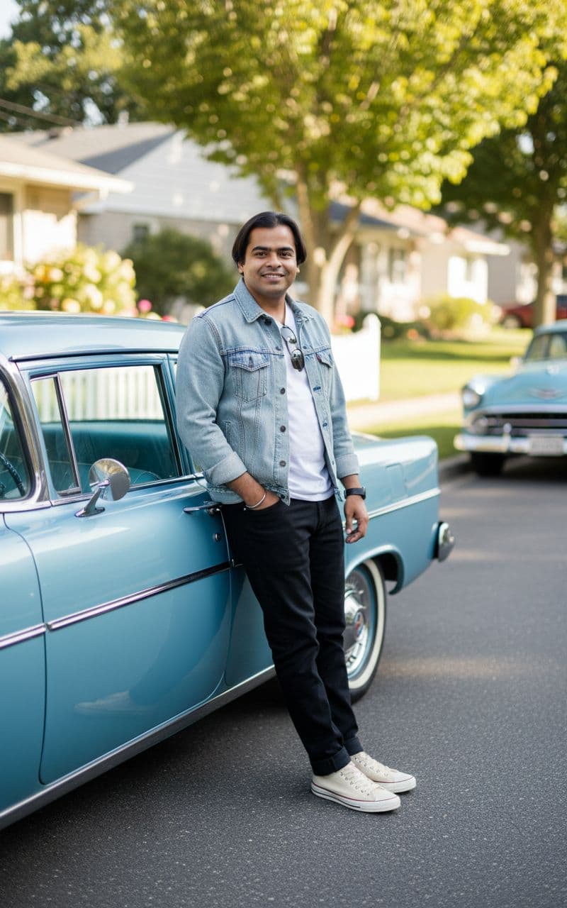 AI generated: Subject: A friendly late-20s man. Clothing: Light wash denim jacket (type II style), plain white t-s...