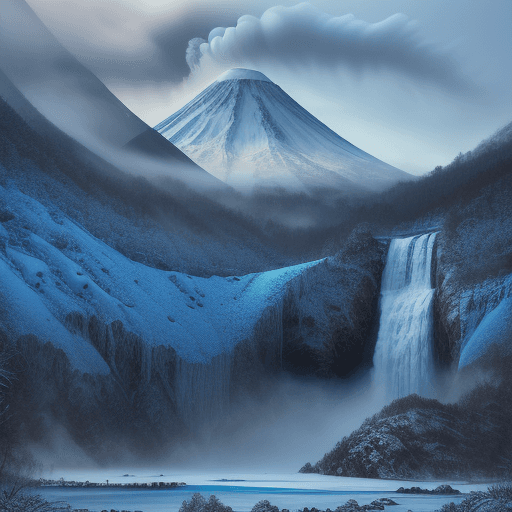 AI generated: winter landscape, blue color, Bokeh, the waterfall and the errupted vulcano, fog over the lake, insa...