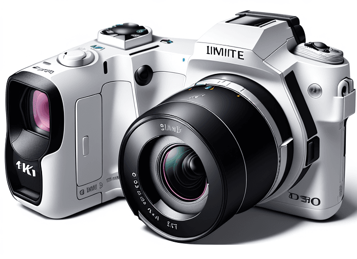 AI generated: Slim digital camera, two of same camera, both 3/4 views, first camera shows lens side, second camera...