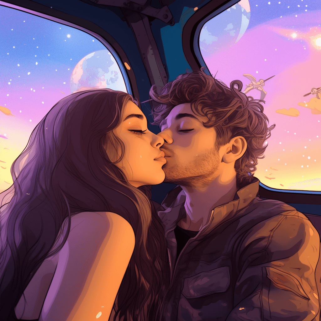 AI generated: Anima cartoon girl and a boy kissing in a jumpsuit looking at the window of a space ship