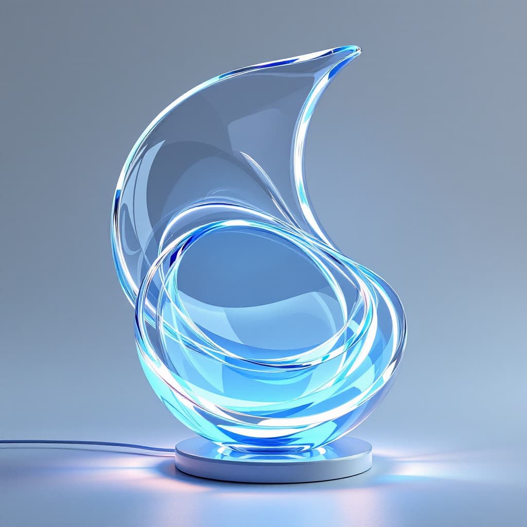 AI generated: A modern acrylic lamp with three curved acrylic panels, forming a layered and fluid structure. The l...