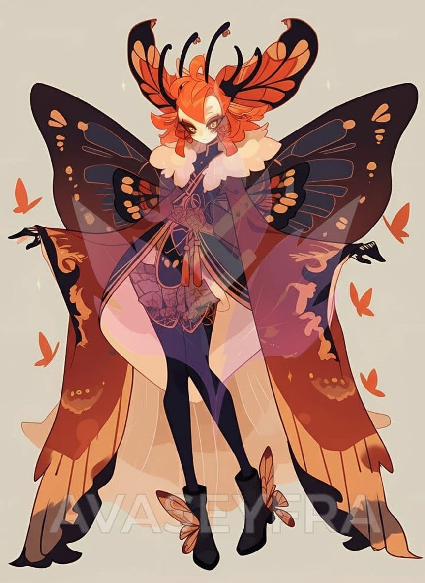 AI generated: A female character with orange hair and wings. she is wearing a long, flowing orange and black outfi...
