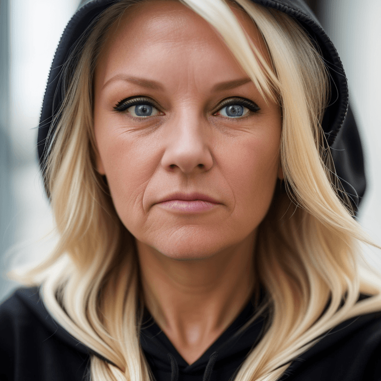 AI generated: hyper realistic headshot photo of a 45 year old woman, wearing a black hoodie, blonde long hair,  lo...
