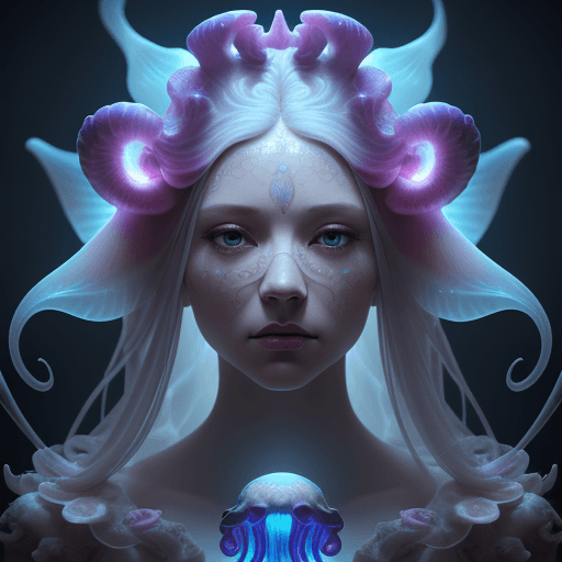 AI generated: Goddess close-up portrait ribcagel. jellyfish phoenix head, nautilus, orchid, skull, betta fish, bio...