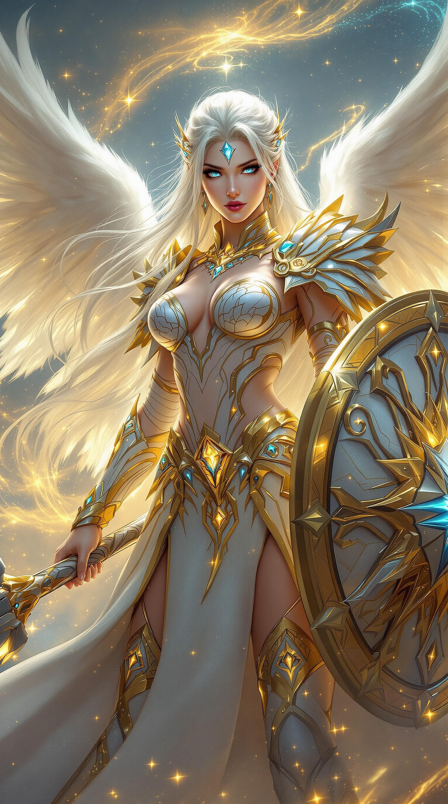 AI generated: An ultra-realistic, full-body portrait of a captivating celestial paladin woman, radiating divine ri...