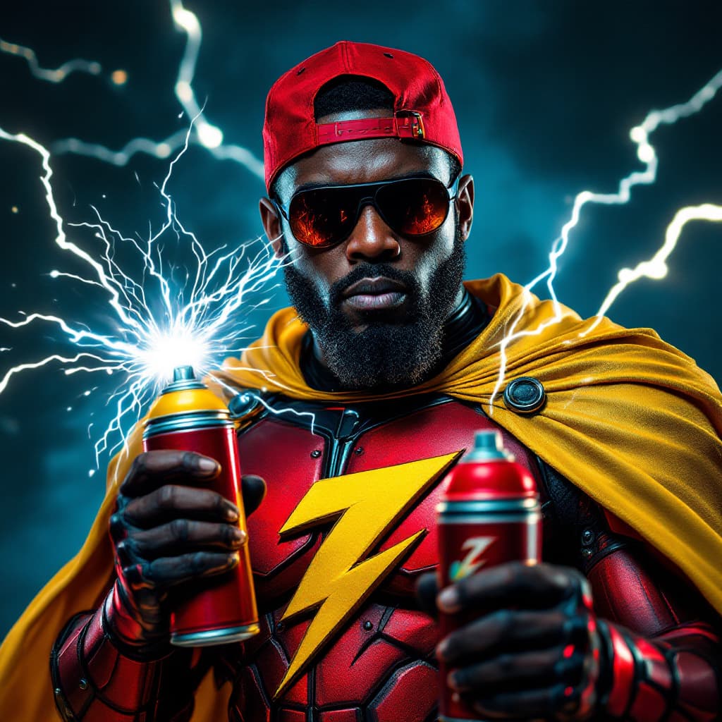 AI generated: hyper real Dr. Thunder, a soda-based electricity themed super hero. A blackman, with a red baseball ...