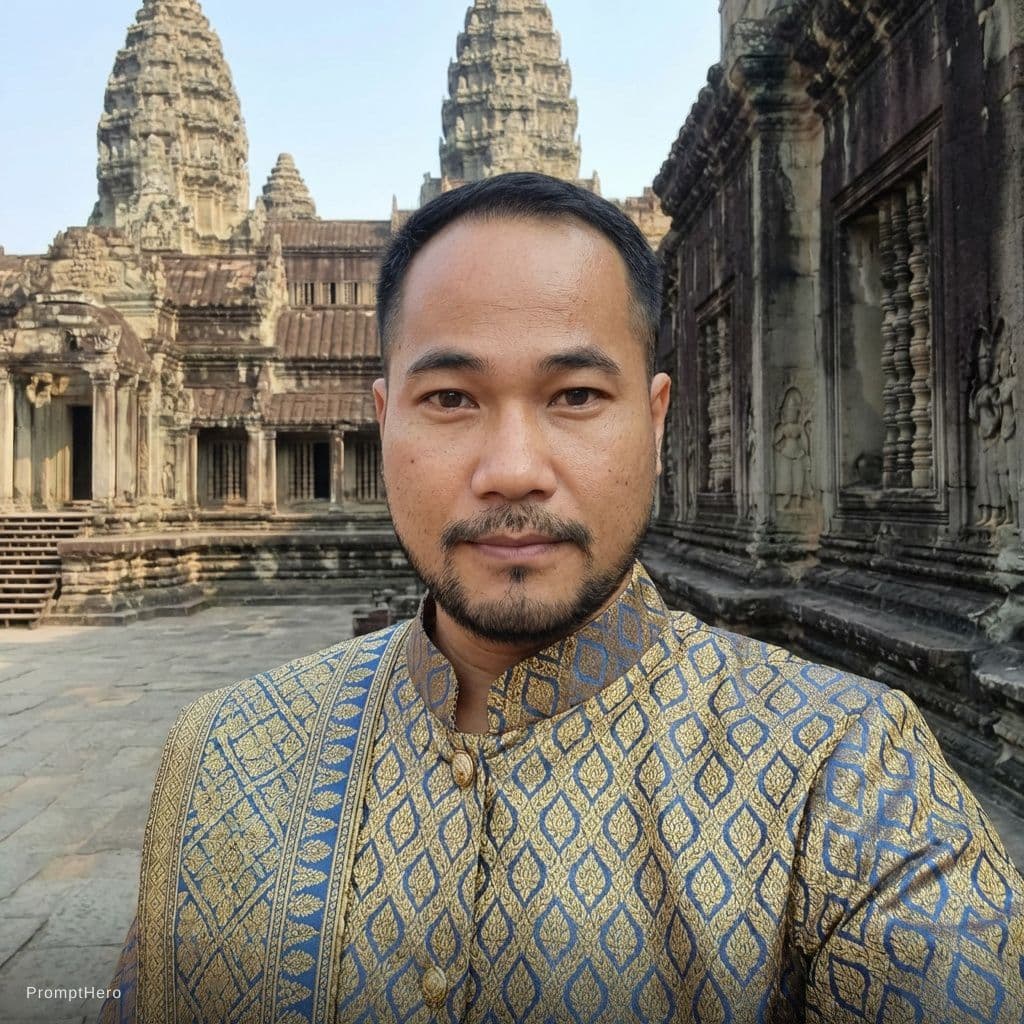 AI generated: Make my hair become shorter 
Wearing KHMER MEN TRADITIONAL CLOTHING 
Keep original face and features...