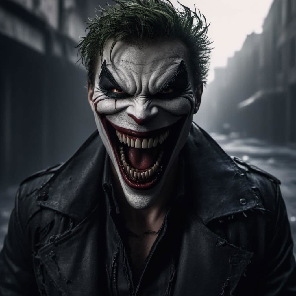 AI generated: DEhybrid of (the joker:carnage:0.1), sharp fangs, wide grin, grungy background street, moody lightin...