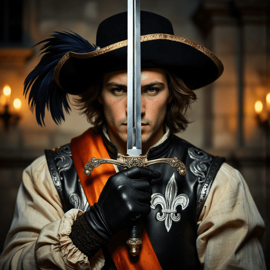 AI generated: A dramatic, close-up portrait of a skilled swordsman in a classic fencer’s salute, the rapier held v...