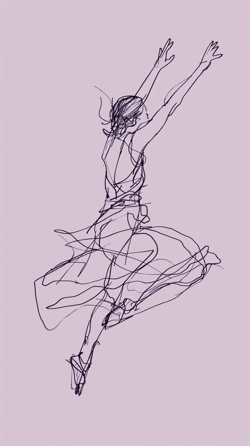 AI generated: minimalist line art drawing of a dancer leaping joyfully, sketched in continuous black lines against...