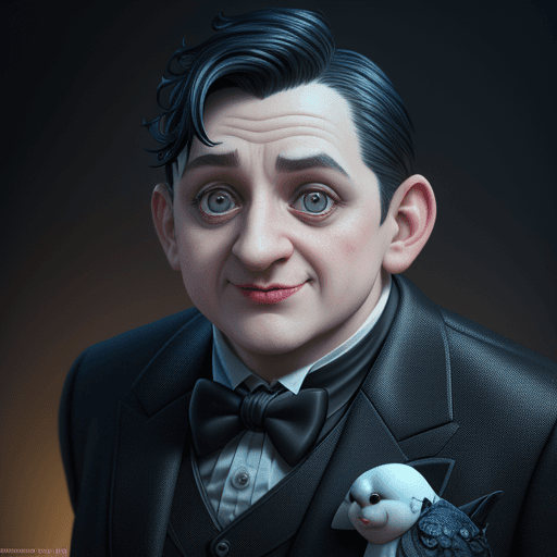 AI generated: cute Oswald Cobblepot, poses ,pixar, cgi, intricate details, elaborate, vibrant, action pose, wide s...