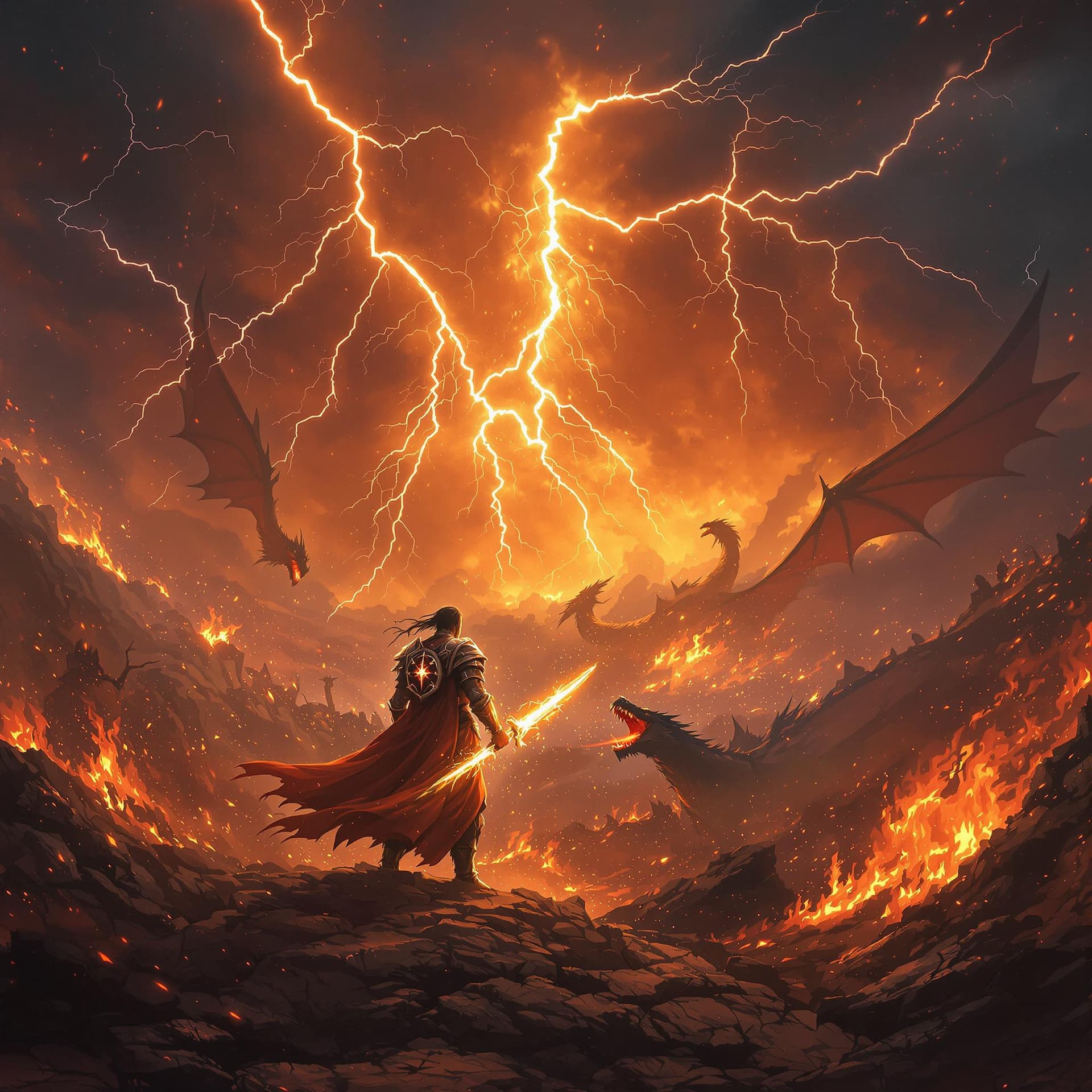 AI generated: "An epic battle scene at night under a fiery sky, with warriors wielding blazing swords and energy s...