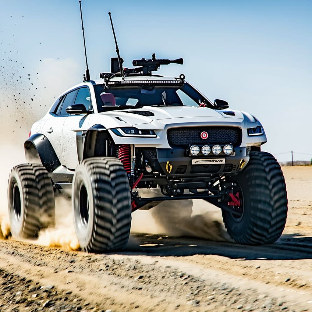 AI generated: photography, sports shooting, dynamic range, dynamic motion with jaguar ftype 4x4 Monster Truck with...
