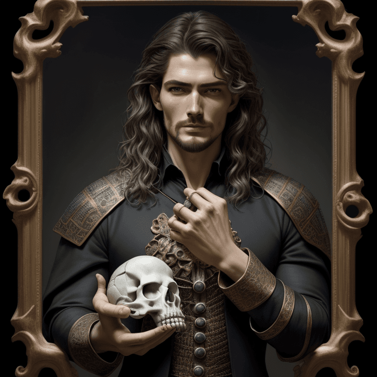 AI generated: To be or not to be, Hamlet holding an anatomically correct human skull of Yorick in the palm of his ...
