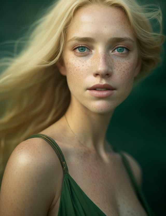 AI generated: best quality, masterpiece, upper body, woman, freckled face, windblown blonde hair, emerald eyes, mo...