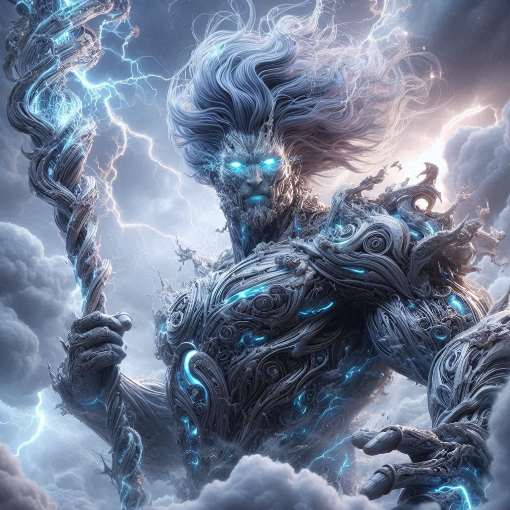AI generated: A hyper-realistic 3D character of a towering storm giant, his body composed of swirling clouds and c...