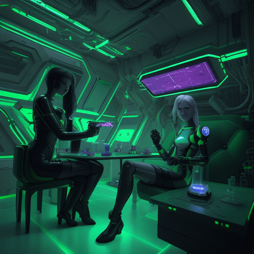 AI generated: In a research facility on a space station, a 40 year old female scientist and a female android with ...