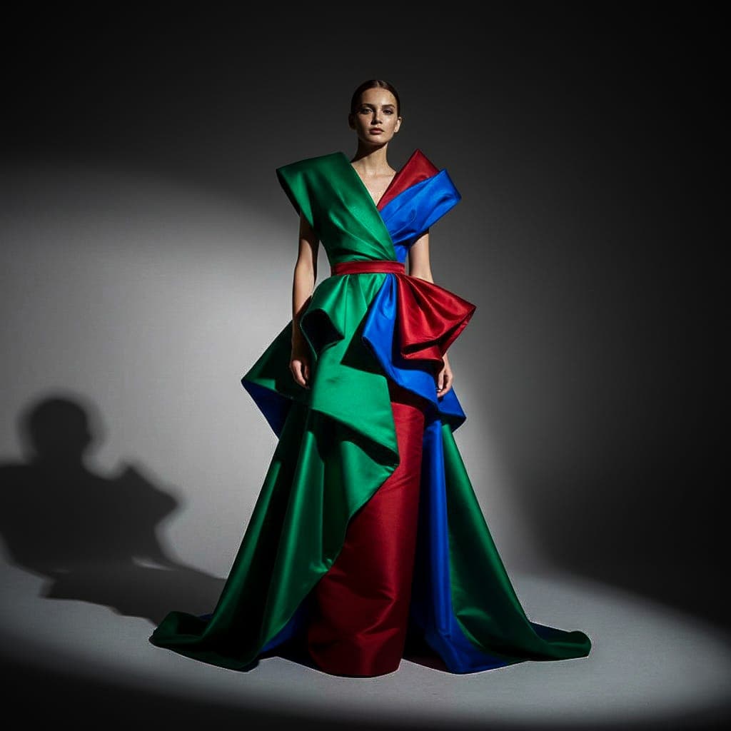 AI generated: Generate a high-fashion image of a female model wearing a bold sculptural gown with asymmetrical lay...
