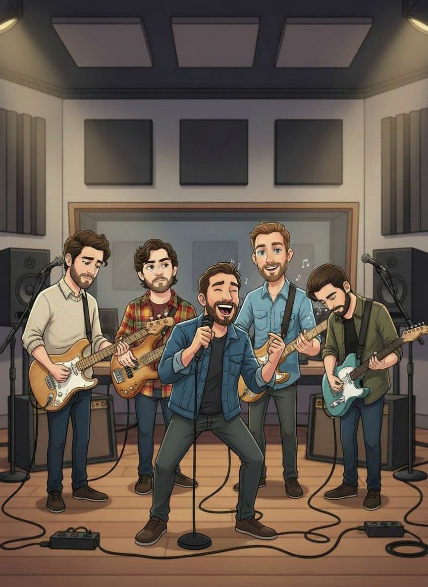 AI generated: "Add the new character from the input image to the existing group illustration as the LEAD SINGER.
...