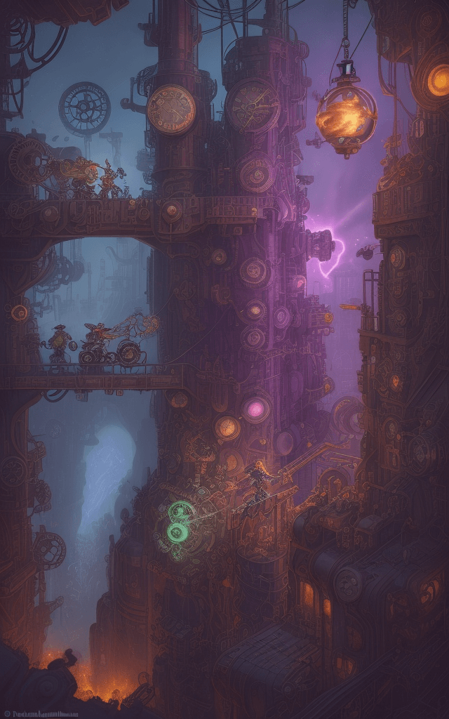 AI generated: Step into the vibrant world of Pistonella, where the day brings forth an array of mechanical marvels...