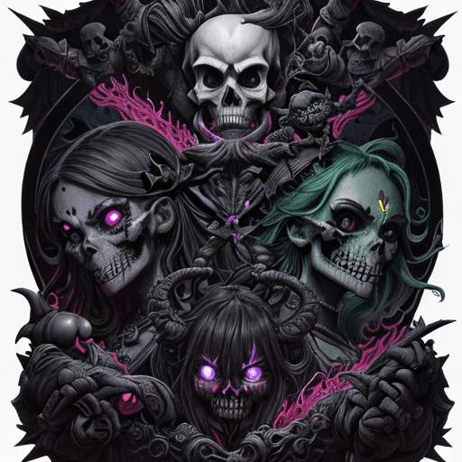 AI generated: Smiling Dark Puppet Fighting Monsters, A Dark Fantasy in Escher's Style, Skull & Bones, Neon Multico...